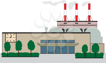 Illustration of a factory building with an administrative building and pipes