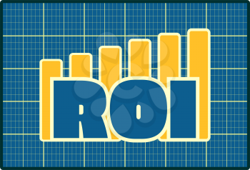 Blue ROI text on yellow chart diagram. Blueprint design ROI progress sticker. Relative for investment business. Bars silhouettes rise up. 