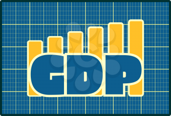 Blue GDP text on yellow chart diagram. Blueprint design Gross Domestic Product progress sticker. Bars silhouettes rise up. 