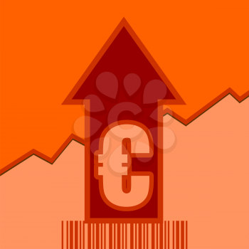 Euro sign and rise up arrow. Growth diagram and bar code. Relative for retail business. Vector illustration