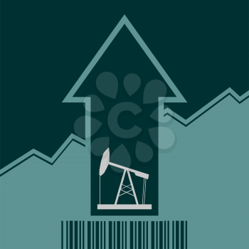 Oil pump icon and rise up arrow. Growth diagram and bar code. Vector illustration