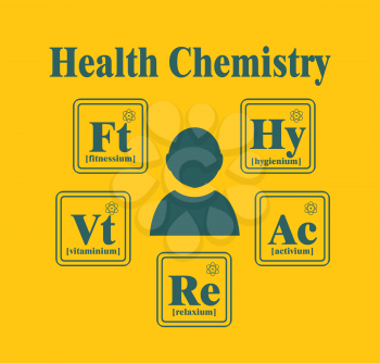 Health lifestyle model metaphor. Creative Vector Typography Poster Concept. Health chemistry. Fictional chemical elements around human icon.