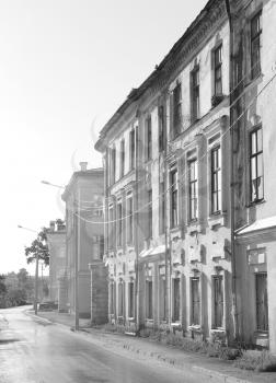 View of an old building in the Vologda city, Russia. Black and white image