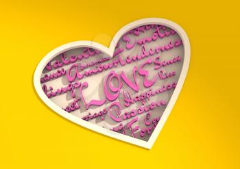 Love and heart. Heart shaped keyhole filled by words relative St. Valentines day. Image for greeting. Cutout silhouette of the heart. Yellow backdrop