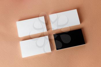 Photo of blank business cards on colored background. Template for branding identity. Top view.
