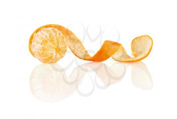 Peeled mandarin on a white background with reflection. Isolated with clipping path.