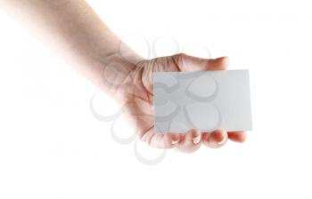 Blank business card in hand on white background. For design presentations and portfolios. Isolated on white.