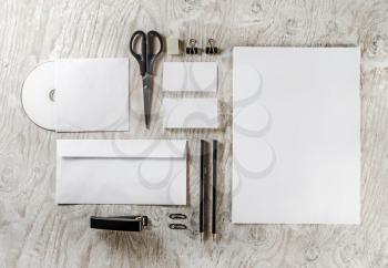 Photo of blank stationery. Corporate identity template on wooden background.