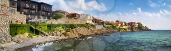 SOZOPOL, BULGARIA, SEPTEMBER 03, 2014: Seaside resort and old town Sozopol in Bulgaria. Old town Sozopol was founded in the 7th century BC on the Black sea coast, Bulgaria. Panoramic shot.