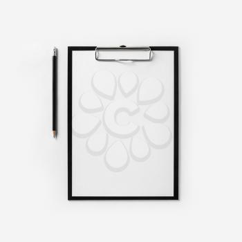 Clipboard with blank letterhead and pencil on white paper background. Top view. Flat lay.