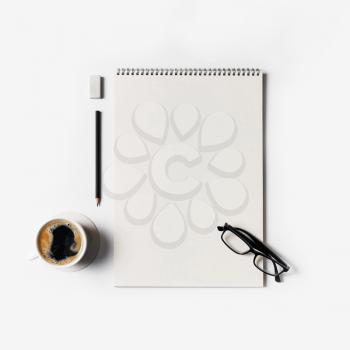 Branding stationery set on white paper background. Blank objects for placing your design. Flat lay.
