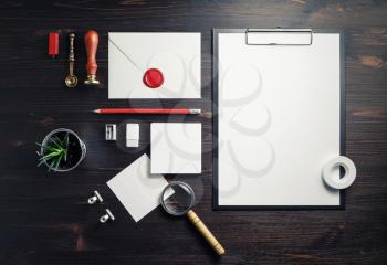 Corporate identity template. Branding mock up. Blank business stationery set on wood table background. Flat lay.