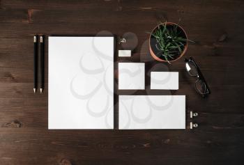 Corporate identity. Blank stationery template on wooden background. Branding mock up. Flat lay.