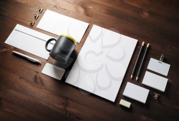 Corporate identity template on wooden background. Photo of blank stationery set. Branding mock-up.