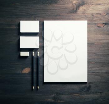 Blank stationery template on wooden background. Mock-up for branding identity. For design presentations and portfolios. Flat lay.