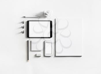 Photo of blank stationery set on paper background. Mock up for branding identity. ID template.