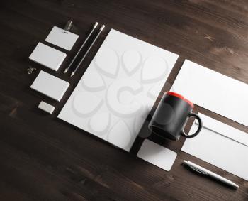 Branding mock up. Blank corporate stationery set on wood table background