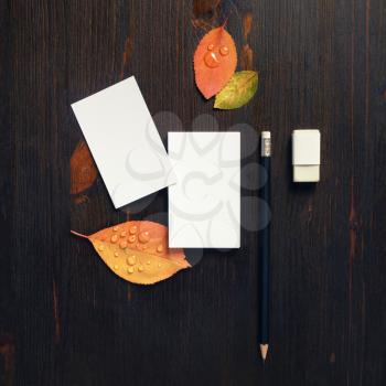 Responsive design mockup. Blank white business cards, pencil, eraser and autumn leaves on wood table background.