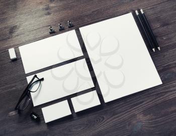 Blank stationery and corporate identity template on wooden background. Responsive design mockup. Branding mock up.