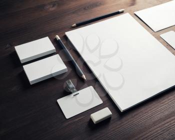 Blank corporate identity on wooden background. Stationery template. Branding mockup.