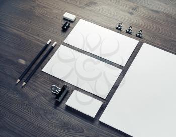 Blank stationery template on wooden background. Mockup for branding identity.