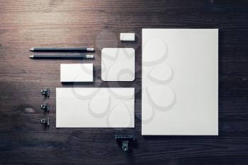 Corporate identity template. Branding mock up. Blank business stationery mock-up on wooden background. Flat lay.