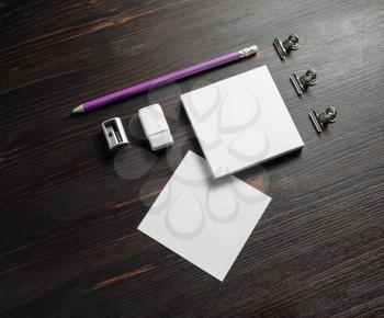 Blank stationery set on wood table background. ID template. Mockup for branding identity.