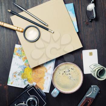 Planning vacation trip. Travel or vacation concept. Accessories for travel. Top view. Flat lay.