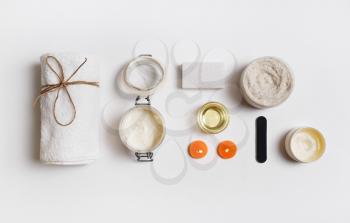 Beauty and spa concept. Spa wellness products and toiletries on white paper background. Flat lay.