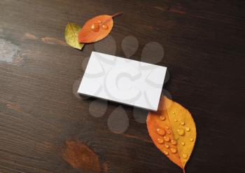 Blank business card and and bright autumn leaves on wood table background. Mock-up for branding identity.
