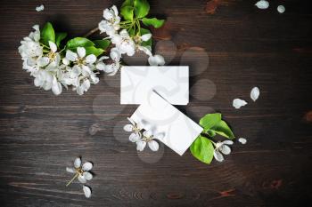 Photo of blank business cards and flowers on wooden background. Template for ID. Flat lay.