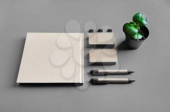 Blank kraft stationery template on gray paper background. Mock-up for branding identity. For design presentations and portfolios.