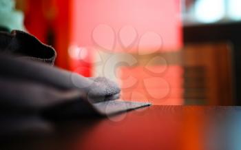 Table with cloth in japan cafe bokeh background
