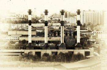 Horizontal vintage sepia industrial chimneys Moscow cityscape background