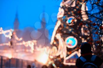 Moscow Christmas tree decoration with tourist bokeh hd