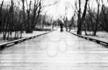 Black and white wooden path in park bokeh background
