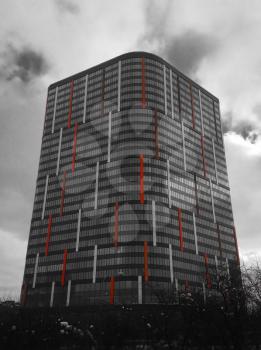 Vertical black and white skyscraper with red marks background hd