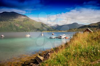 Norway boats near fjord landscape background hd