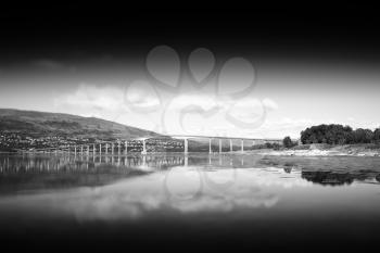 Black and white Norway bridge with reflection landscape background hd