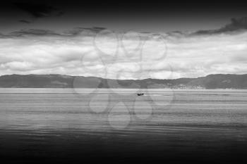 Black and white boat in Norway sea landscape background hd