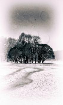 Vertical vintage sepia trees in winter park landscape postcard faded memories background backdrop 
