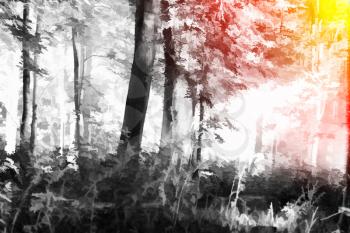 Forest illustration with light leak background hd