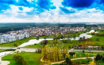 Horizontal vivid center of Minsk panorama cityscape background backdrop