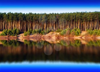 Horizontal vivid river forest reflections landscape background backdrop