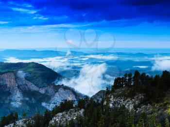Horizontal vivid view from mountain dramatic landscape background backdrop