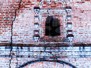 Horizontal vintage cracked textured brick wall of Russian church background backdrop
