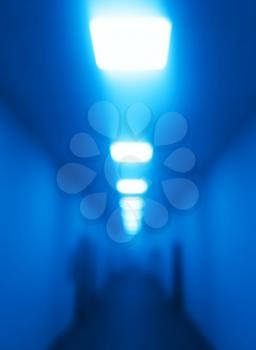 Blue office corridor with illumination bokeh background hd
