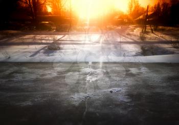 Sun glow over empty winter railway station background hd