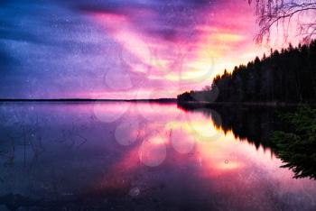 Horizontal vintage sunset on mountain lake background backdrop