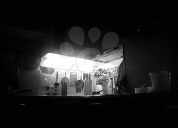 Black and white evening kitchen interior background
